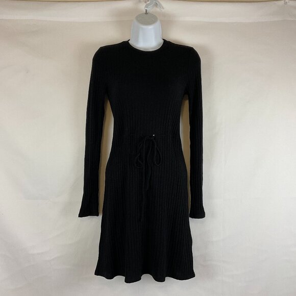Reformation Knit Ribbed Dress XS Black Drawstring Waist Long Sleeve - Picture 1 of 12
